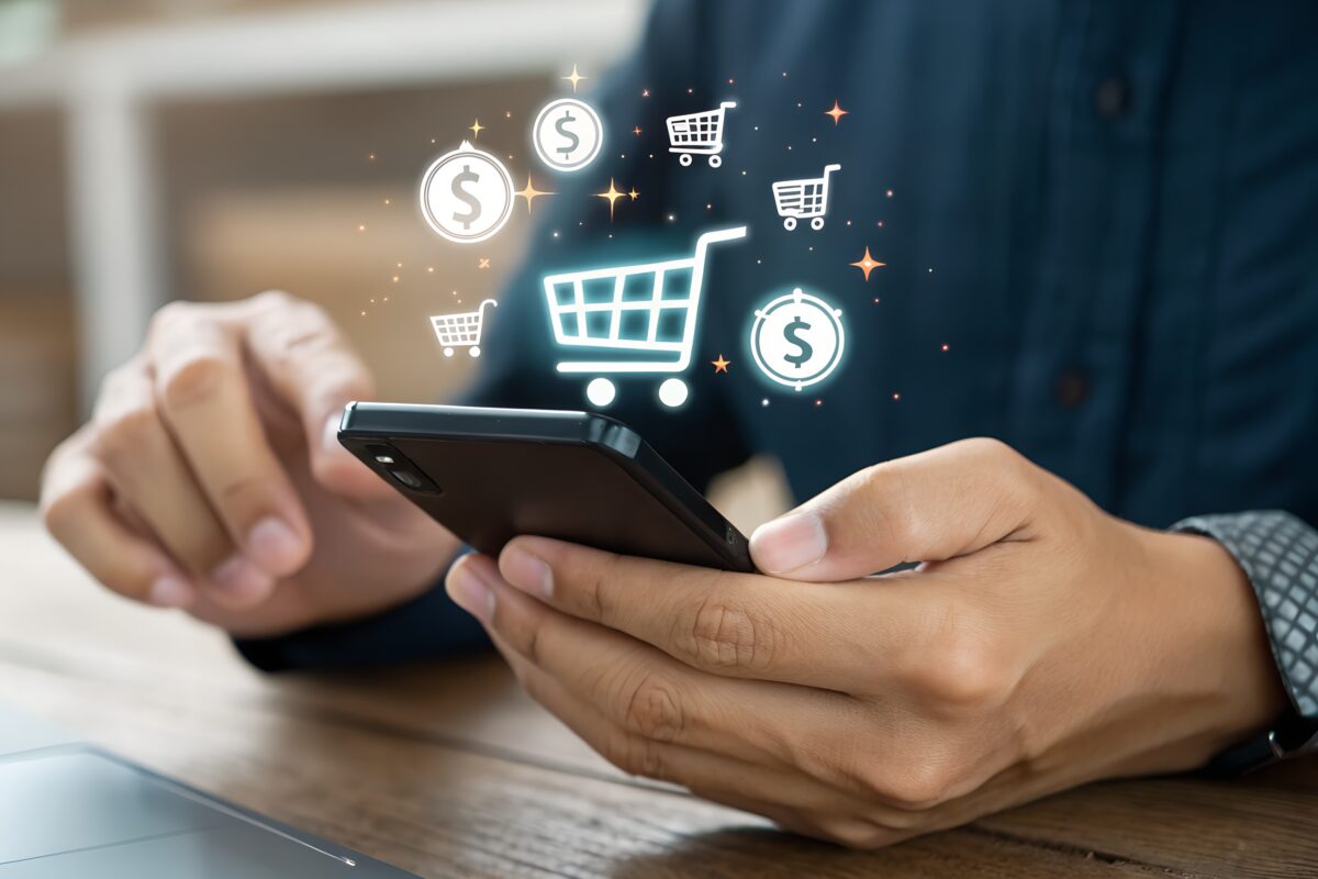 erson using a smartphone with digital shopping cart and payment icons representing online shopping and e-commerce.