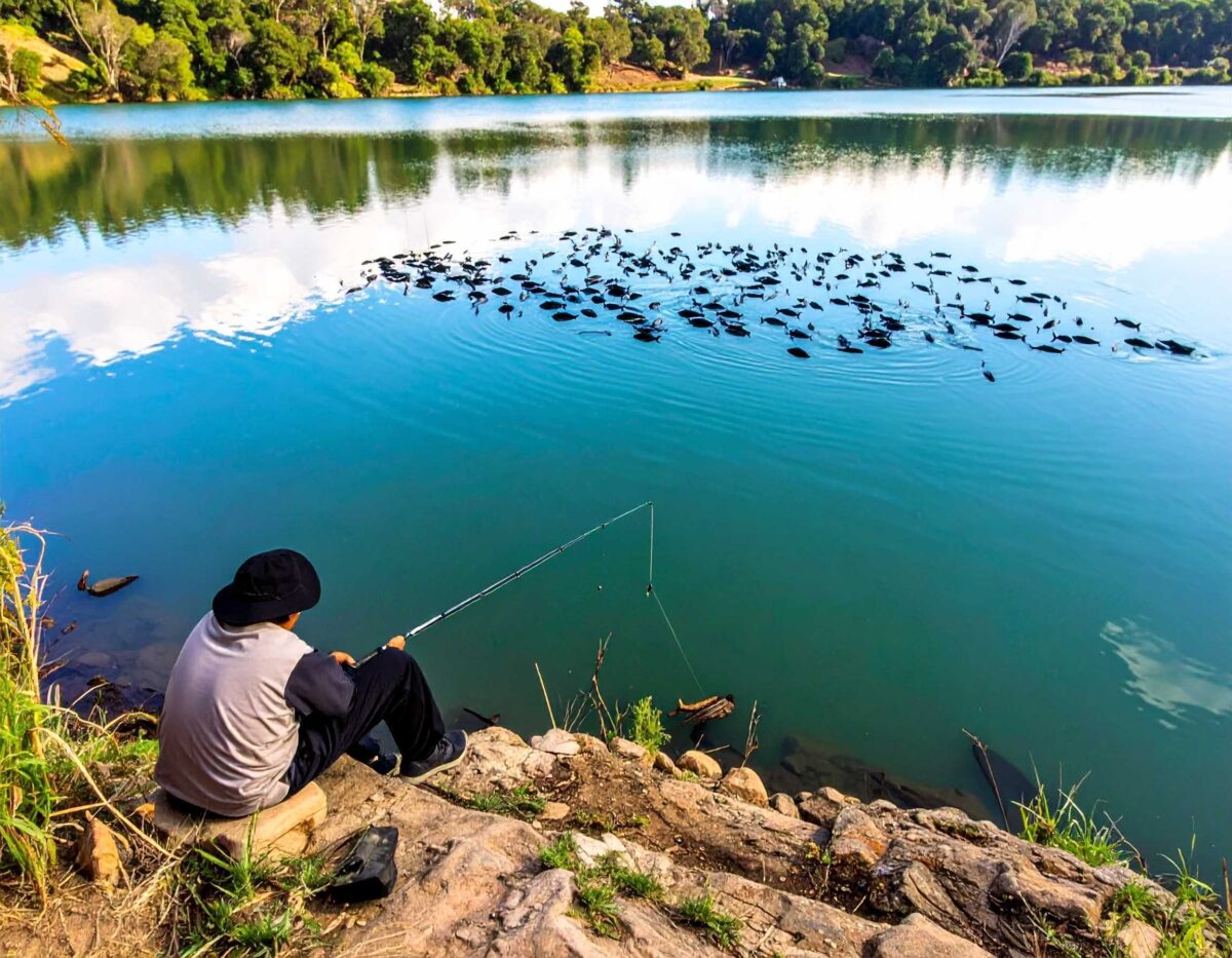 Man fishing from a rocky shore while a school of fish ripples the water far from his line.