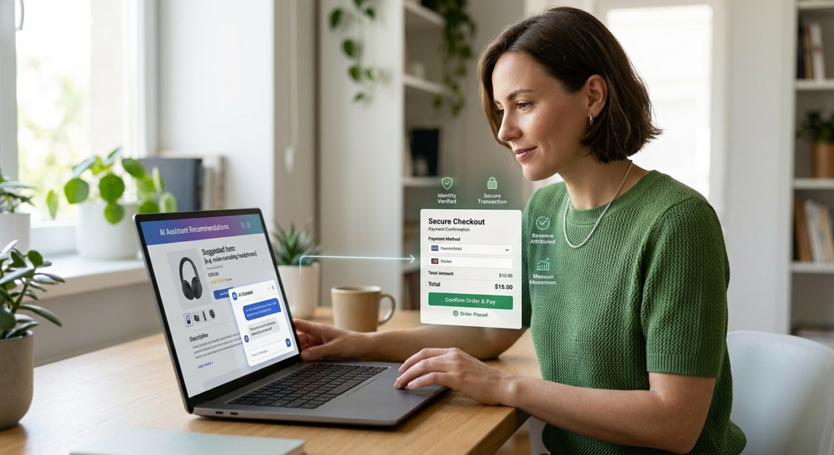 Realistic woman using a laptop for AI-assisted product discovery beside a secure digital checkout overlay representing payment, identity, and transaction control.
